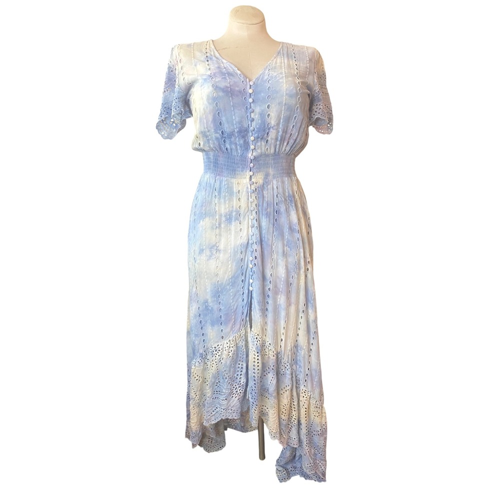 YFB Blue Tie Dye Eyelet Lace Button Front Maxi Dress Smocked Waist COTTAGECORE